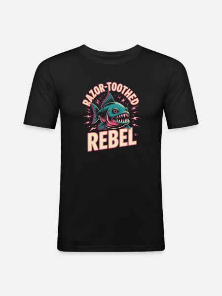 Sharptooth-rebellen | Piranha retrohumor - Slim Fit T-shirt herr - svart