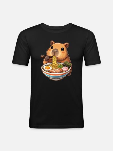 Capybara Eats Ramen Noodles - Men's Slim Fit T-Shirt - black