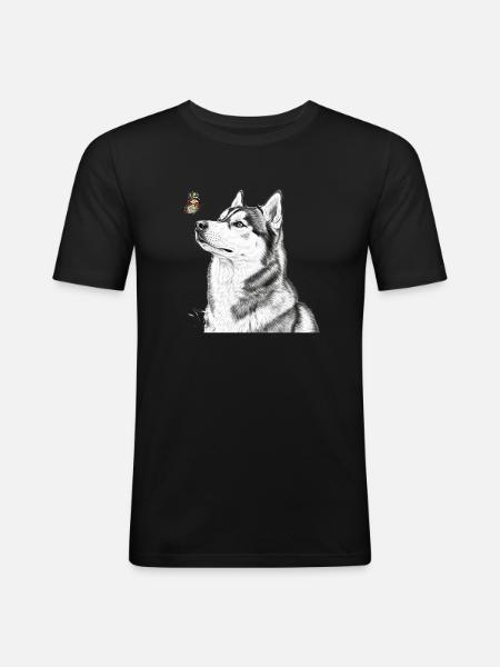 Husky with Butterfly Banksy Style Motif - Men's Slim Fit T-Shirt - black