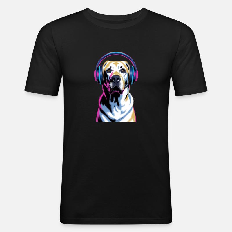 Labrador mit Kopfhörern - Männer Slim Fit T-Shirt - Schwarz