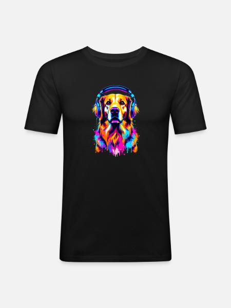 Golden Retriever mit Kopfhörer - Männer Slim Fit T-Shirt - Schwarz