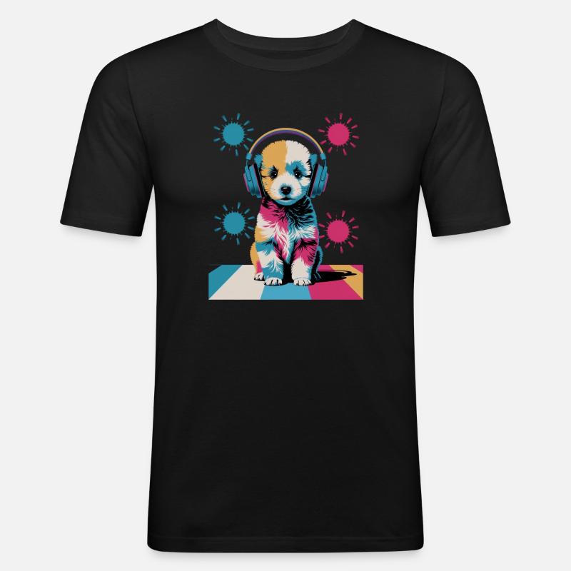 Pudel Welpe mit Kopfhörer - Männer Slim Fit T-Shirt - Schwarz