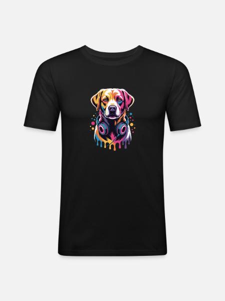Labrador avec casque - T-shirt près du corps Homme - noir