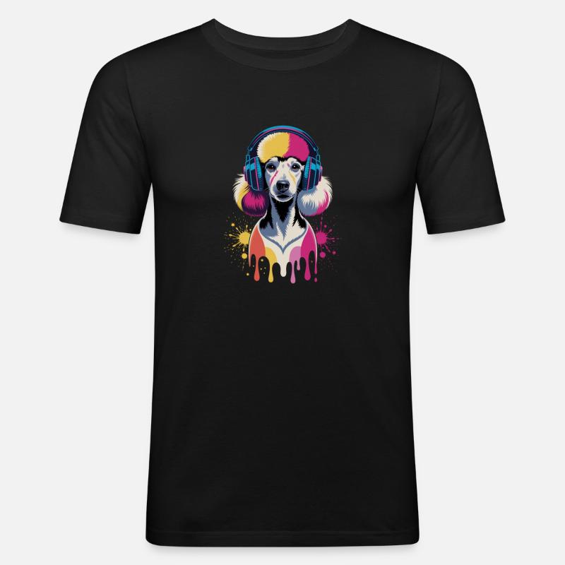 Pudel mit Kopfhörer - Männer Slim Fit T-Shirt - Schwarz