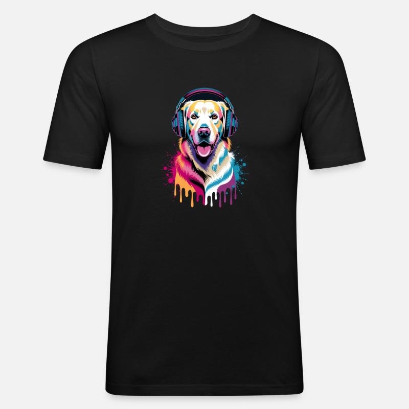 Golden Retriever mit Kopfhörer - Männer Slim Fit T-Shirt - Schwarz