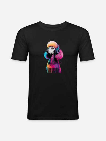 Pudel mit Kopfhörer - Männer Slim Fit T-Shirt - Schwarz