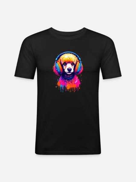 Pudel mit Kopfhörer - Männer Slim Fit T-Shirt - Schwarz