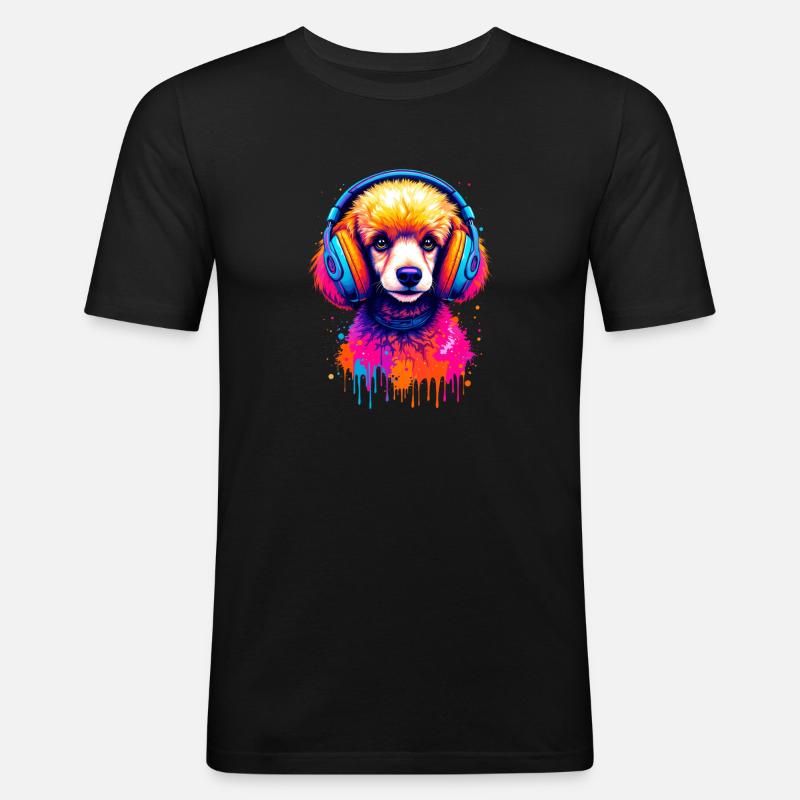 Pudel mit Kopfhörer - Männer Slim Fit T-Shirt - Schwarz