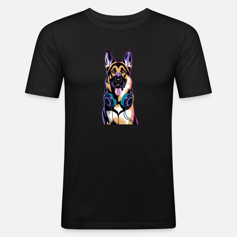 Deutscher Schäferhund mit Kopfhörer - Männer Slim Fit T-Shirt - Schwarz
