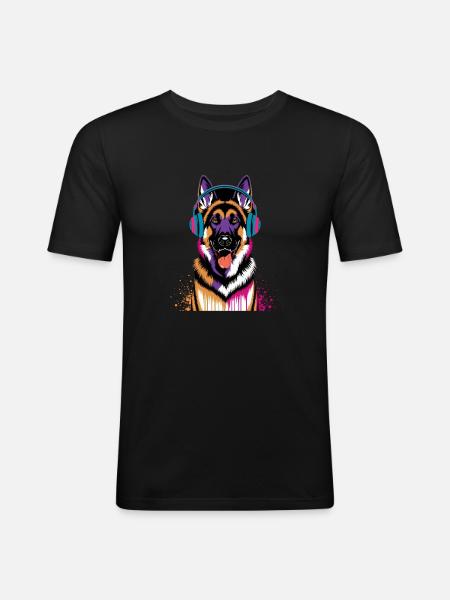 Deutscher Schäferhund mit Kopfhörer - Männer Slim Fit T-Shirt - Schwarz