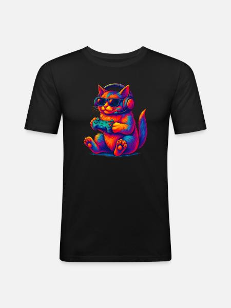 Neon Gaming Cat Gaming Gamer - Men's Slim Fit T-Shirt - black