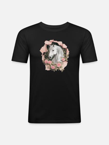 Pferd mit Rosen - Männer Slim Fit T-Shirt - Schwarz