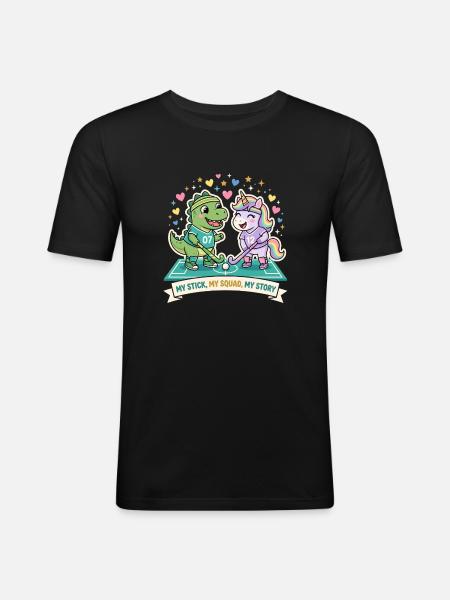 Dino Einhorn Hockey Squad - Männer Slim Fit T-Shirt - Schwarz