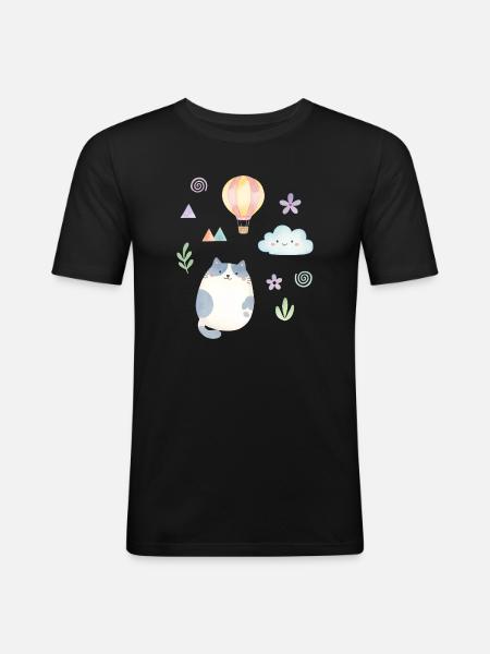 Chat aquarelle mignon et montgolfière - T-shirt près du corps Homme - noir
