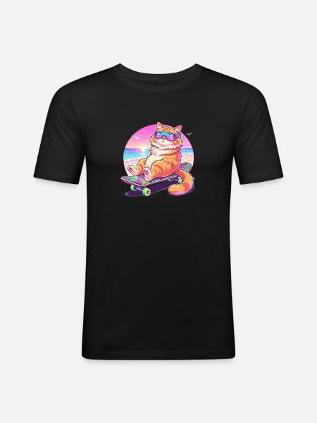 Katze Skateboard Sonnenbrille - Männer Slim Fit T-Shirt - Schwarz