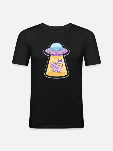 MOO Sjov Alien Ko i UFO Light Beam tegnefilm - Herre Slim Fit T-Shirt - sort