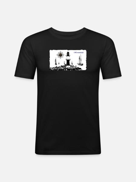 Warnemünde Leuchtturm Kompass Edition - Männer Slim Fit T-Shirt - Schwarz