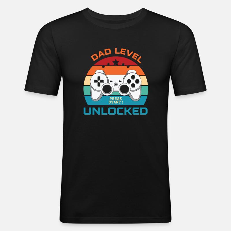 Dad Level Unlocked- Press Start! - Männer Slim Fit T-Shirt - Schwarz
