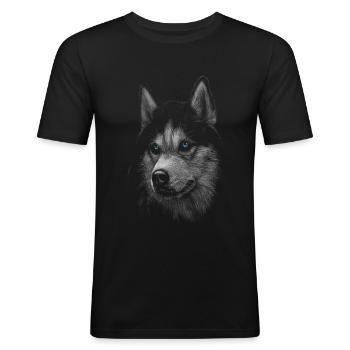 Wolf mit blauen Augen - Männer Slim Fit T-Shirt - Schwarz - Vorne - Nik (191cm)