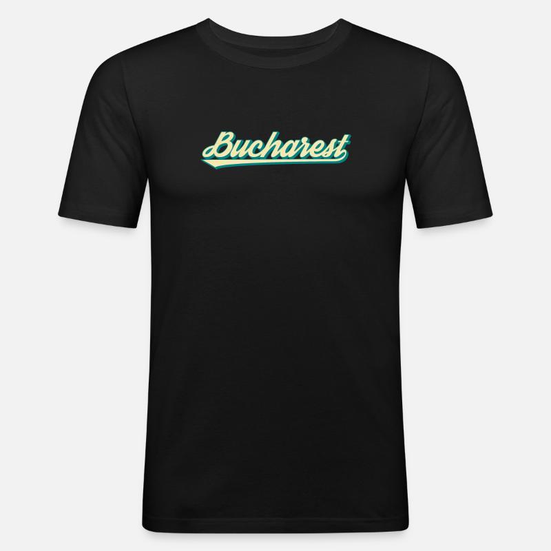 Bucharest Retro Script - Männer Slim Fit T-Shirt - Schwarz