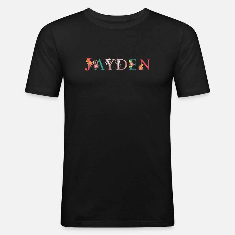 JAYDEN Namenskunst mit gestickten Blumen - Männer Slim Fit T-Shirt - Schwarz