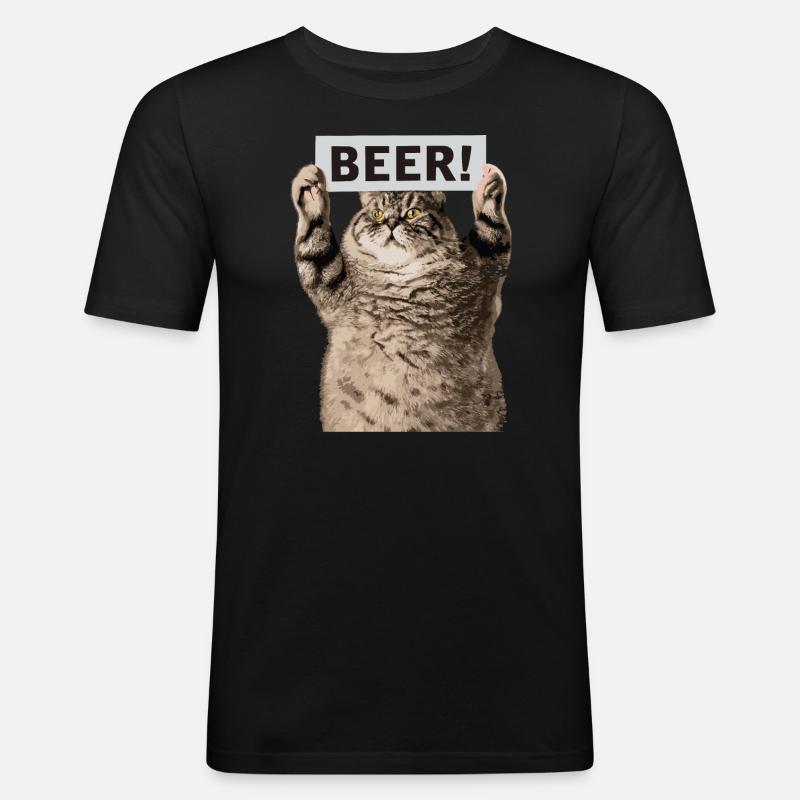 Bier Katze - Männer Slim Fit T-Shirt - Schwarz