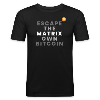 Escape the System Own Bitcoin (Crypto) - Männer Slim Fit T-Shirt - Schwarz - Vorne - Nik (191cm)