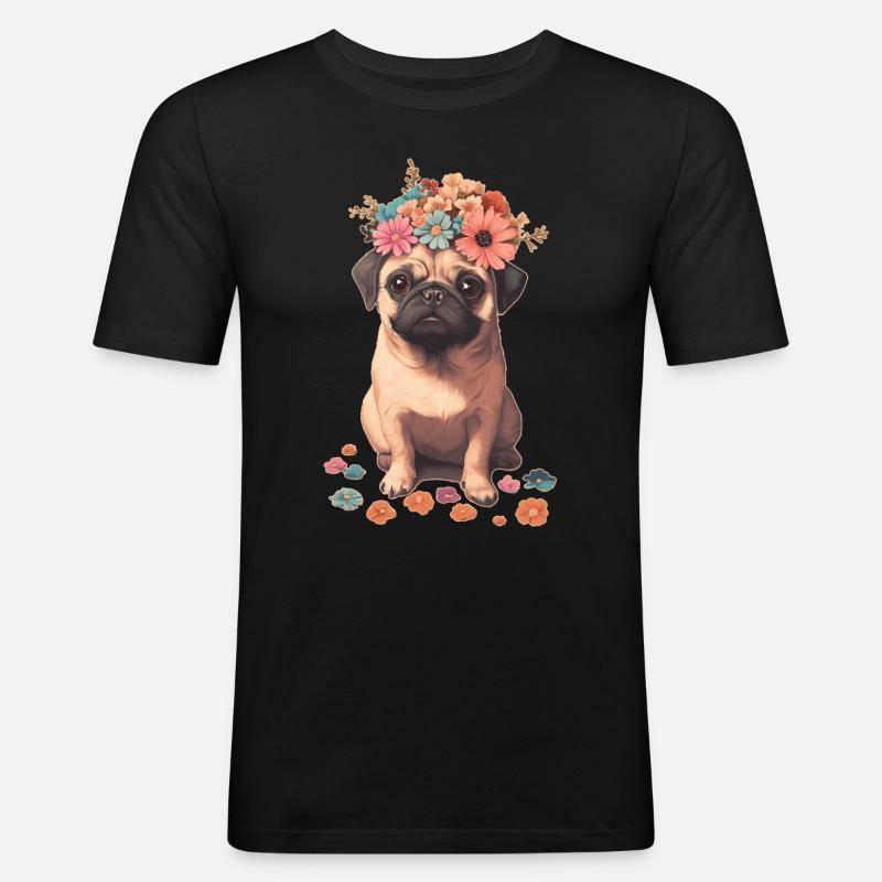 Mops mit Blumen - Männer Slim Fit T-Shirt - Schwarz