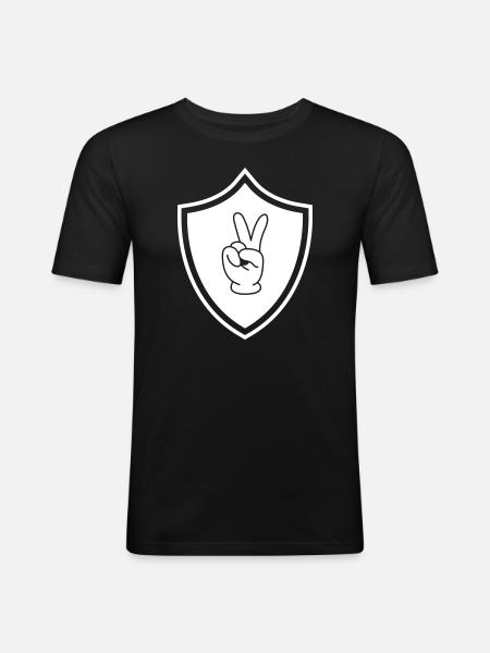Peace Hand Comic Wappen - Männer Slim Fit T-Shirt - Schwarz