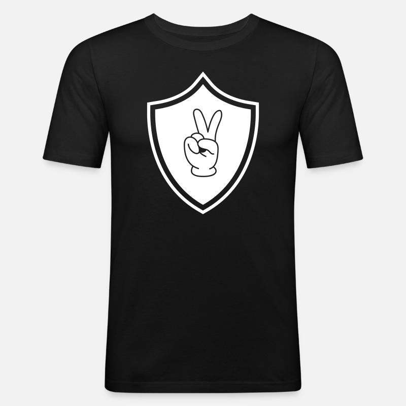 Peace Hand Comic Wappen - Männer Slim Fit T-Shirt - Schwarz