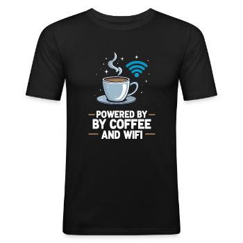Powered by Kaffee und WLAN - Männer Slim Fit T-Shirt - Schwarz - Vorne - Nik (191cm)