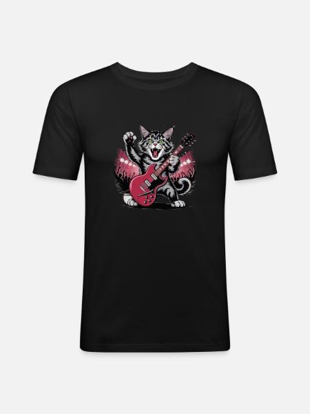 Rocking Cat with Electric Guitar – Wild Music Design - Men's Slim Fit T-Shirt - black