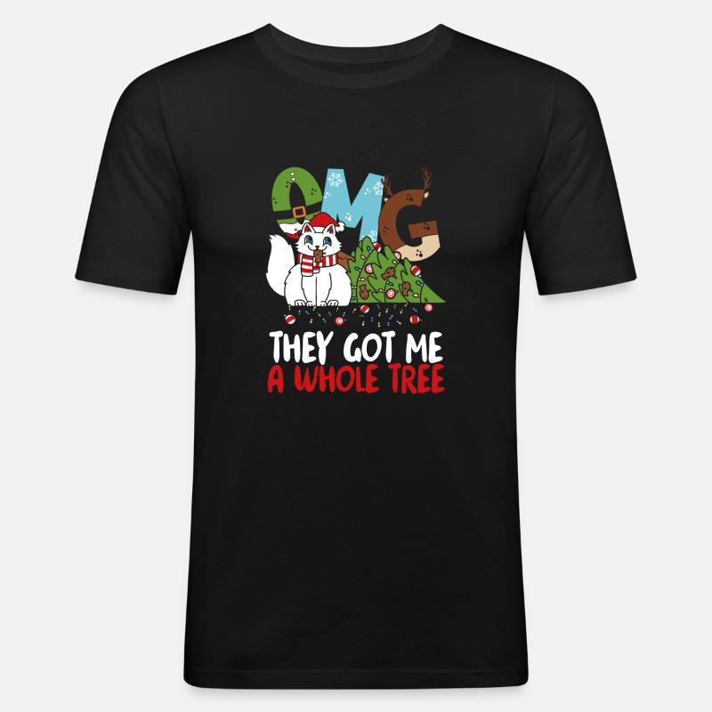 Katze Mit Weihnachtsbaum - Männer Slim Fit T-Shirt - Schwarz