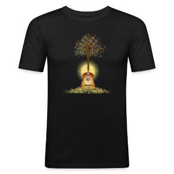 strahlendes surreales Gitarren Motiv mit Baum - Männer Slim Fit T-Shirt - Schwarz - Vorne - Nik (191cm)