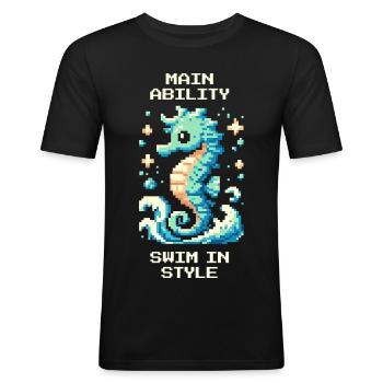 Hauptfähigkeit: stilvoll schwimmen | Seepferdchen - Männer Slim Fit T-Shirt - Schwarz - Vorne - Nik (191cm)