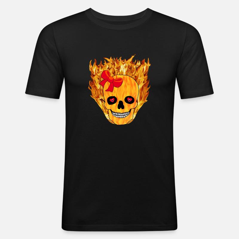 Flammender Mädchentotenkopf - Männer Slim Fit T-Shirt - Schwarz