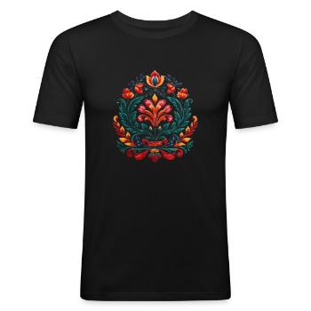 motifs floraux inspiré d'art traditionnel russe - T-shirt près du corps Homme - noir - Devant - Nik (191cm)