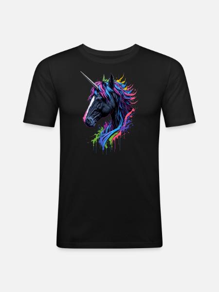 Rainbow Splash Einhorn - Männer Slim Fit T-Shirt - Schwarz