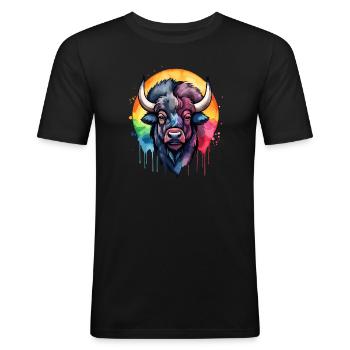 Bison, Tier, Cool, Atemberaubend, Buntes Aquarell - Männer Slim Fit T-Shirt - Schwarz - Vorne - Nik (191cm)