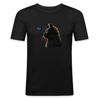Cat And Blue Butterfly - Men's Slim Fit T-Shirt - black - Front - Nik (191cm)