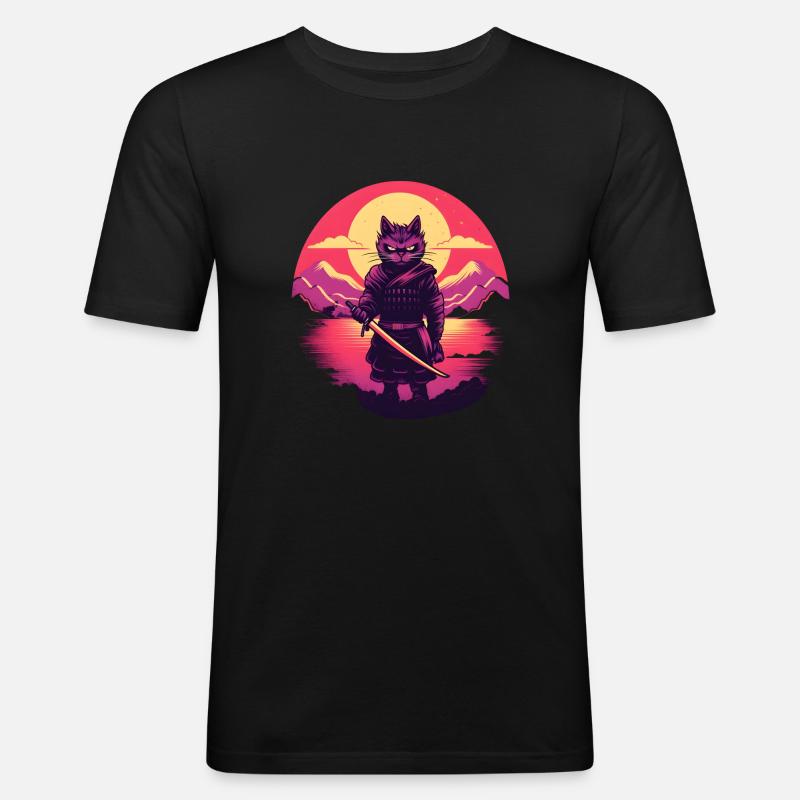 Synthwave samurai Cat - Männer Slim Fit T-Shirt - Schwarz