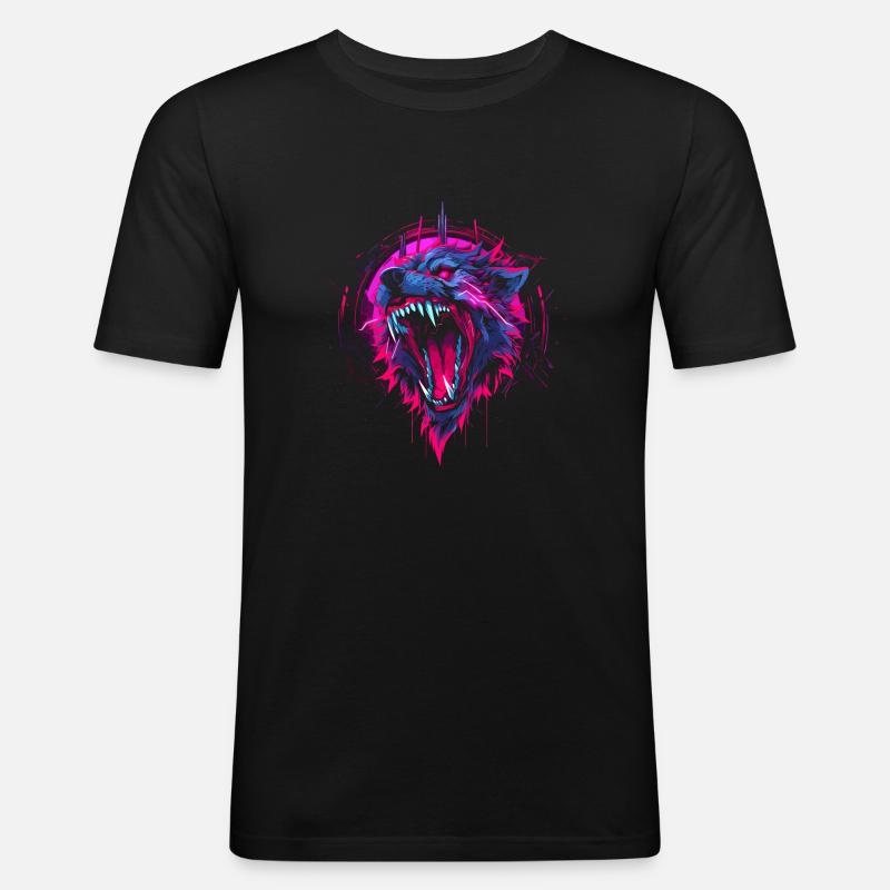 Synthwave Wolf - Männer Slim Fit T-Shirt - Schwarz