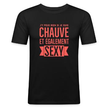 Humour homme chauve - T-shirt près du corps Homme - noir - Devant - Nik (191cm)