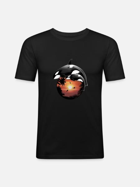 Orca Killerwal Palmenstrand - Männer Slim Fit T-Shirt - Schwarz