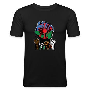 SINTI UND ROMA REVOLUTION ANTIZIGANISMUS - Männer Slim Fit T-Shirt - Schwarz - Vorne - Nik (191cm)