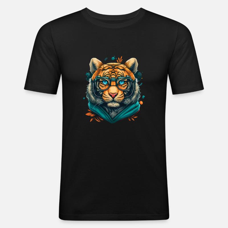 Tiger als Nerd mit Buch - Männer Slim Fit T-Shirt - Schwarz