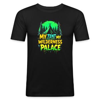 MA TENTE, MON PALAIS SAUVAGE, CAMPING - T-shirt près du corps Homme - noir - Devant - Nik (191cm)