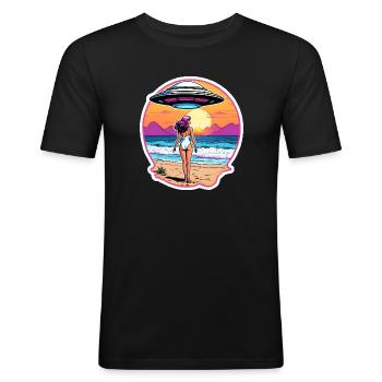 Strandbabe sieht ein UFO - Männer Slim Fit T-Shirt - Schwarz - Vorne - Nik (191cm)