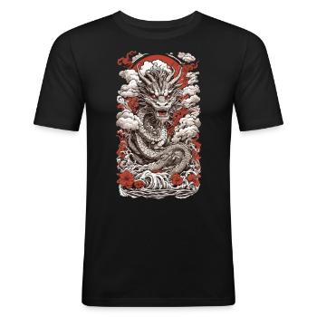 Ukiyo-e Dragon : Streetwear rétro japonais - T-shirt près du corps Homme - noir - Devant - Nik (191cm)