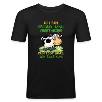 Ich bin Second Hand Vegetarier - Männer Slim Fit T-Shirt - Schwarz - Vorne - Nik (191cm)
